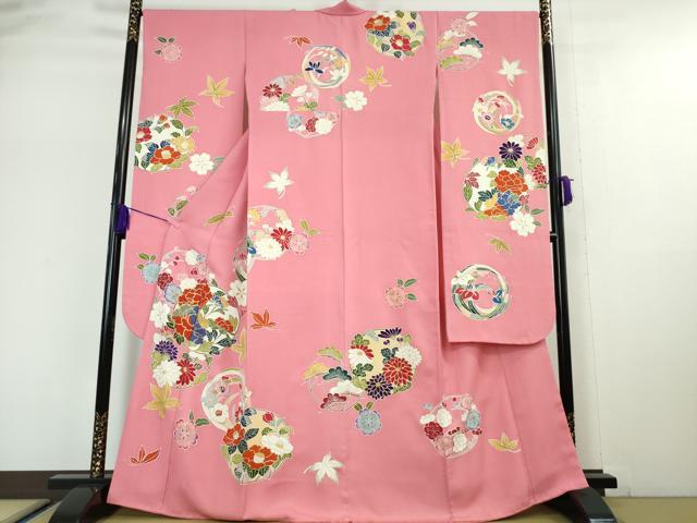 平和屋本店■極上 創業460年・千總 振袖・長襦袢(無双仕立て)セット 駒刺繍 花丸文 桃色地 金彩 高島屋扱い 逸品 DZAA5053kh5