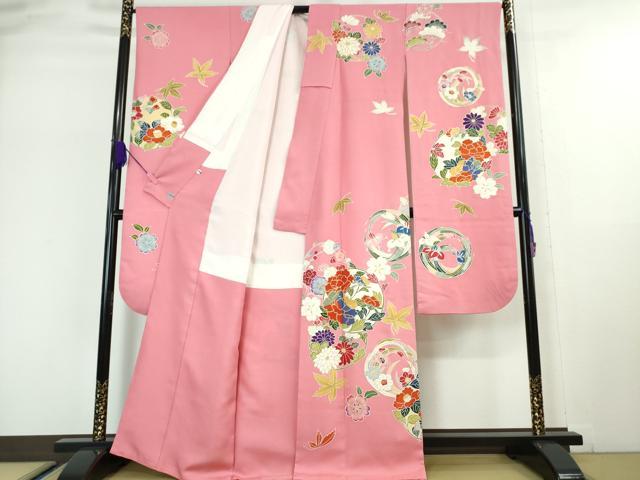 平和屋本店■極上 創業460年・千總 振袖・長襦袢(無双仕立て)セット 駒刺繍 花丸文 桃色地 金彩 高島屋扱い 逸品 DZAA5053kh5