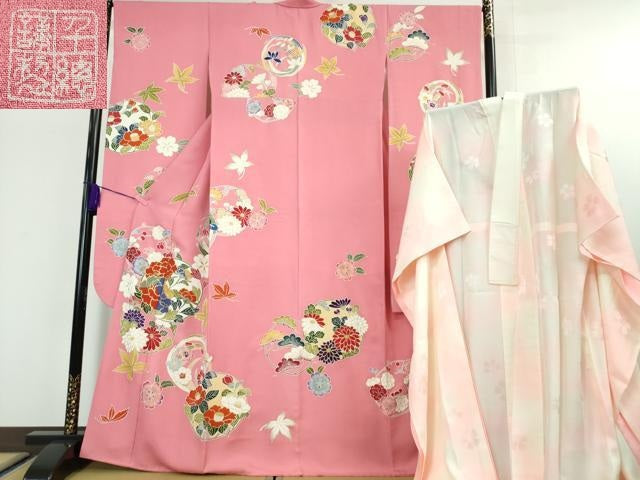平和屋本店■極上 創業460年・千總 振袖・長襦袢(無双仕立て)セット 駒刺繍 花丸文 桃色地 金彩 高島屋扱い 逸品 DZAA5053kh5