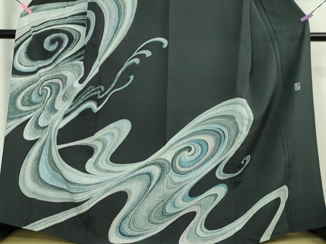 平和屋本店▽極上 創業460年・千總 訪問着 単衣 流水文 藍鉄色地 銀彩 逸品 未使用 DZAA5055kh5