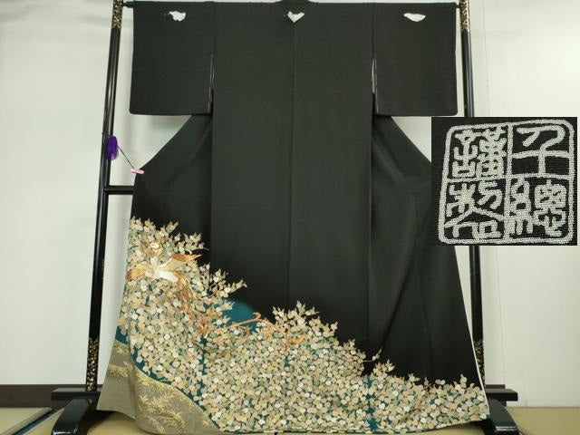 平和屋本店●極上 創業460年・千總 黒留袖 螺鈿 駒刺繍 鳳凰 菊 暈し染め 金彩 逸品 DZAA5057kh5