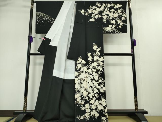 平和屋本店●極上 名門染元 秀美 十日町友禅 龍谷 訪問着 夜桜 黒地 金彩 反端付き 逸品 未使用 DZAA5073kh5