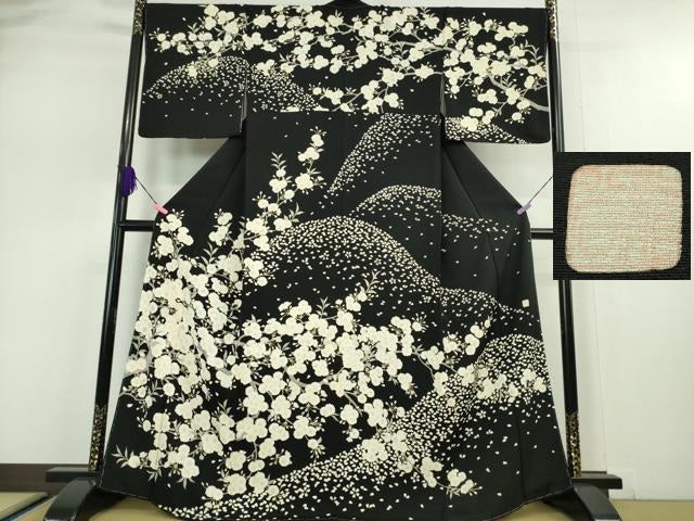 平和屋本店○極上 名門染元 秀美 十日町友禅 龍谷 訪問着 夜桜 黒地