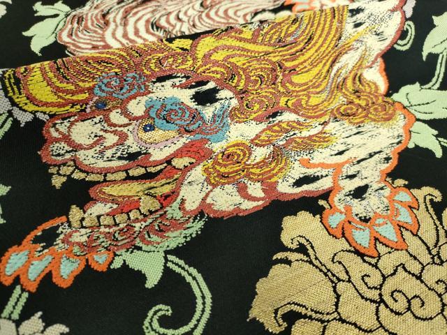 平和屋本店●最高級 龍村平蔵製 太鼓柄 本袋帯 唐獅子 飛錦 黒地 金銀糸 逸品 DZAA5191kh5