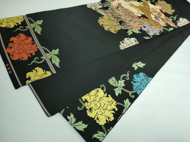 平和屋本店●最高級 龍村平蔵製 太鼓柄 本袋帯 唐獅子 飛錦 黒地 金銀糸 逸品 DZAA5191kh5