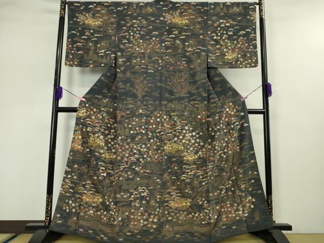 平和屋本店●極上 中国三大刺繍 相良刺繍 訪問着 渡橋風景花文 青褐色地 金糸 鬼しぼ縮緬 逸品 DZAA5208kh5
