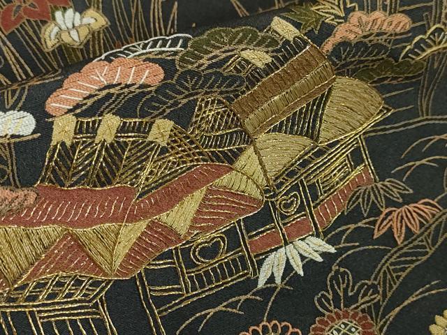 平和屋本店●極上 中国三大刺繍 相良刺繍 訪問着 渡橋風景花文 青褐色地 金糸 鬼しぼ縮緬 逸品 DZAA5208kh5