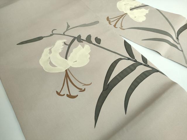 平和屋本店■極上 日展染色作家 高久空木 ろうけつ染 塩瀬 九寸名古屋帯 百合 白茶色地 逸品 DZAA5278kh5