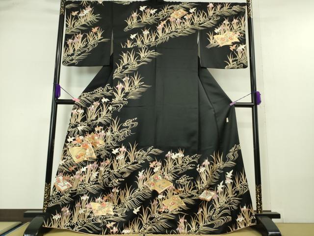 平和屋本店■極上 十日町老舗ブランド 吉澤友禅 吾妻徳穂 訪問着 駒刺繍 冊子花鳥文 千鳥 黒地 金彩 逸品 DZAA5335kh5