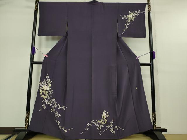 平和屋着物▽極上 本加賀友禅作家 小田美知代 訪問着 単衣 枝花文 深紫色地 染の近江謹製 逸品 DZAA5362kh6