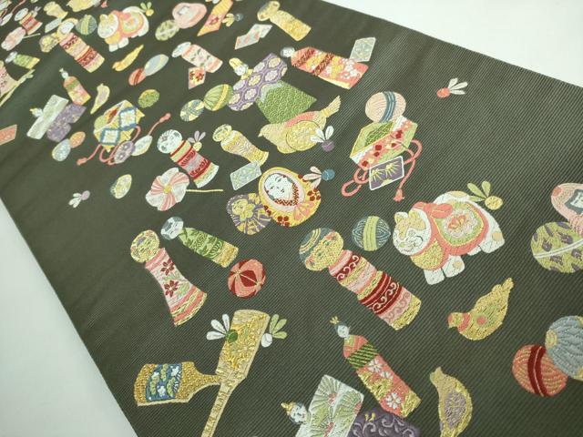 平和屋本店●極上 西陣の老舗 1782年創業 山下織物 相馬紀行 六通柄袋帯 唐織 玩具 岩井茶色地 金糸 逸品 DZAA5436kh5