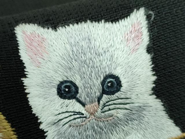 平和屋本店●極上 八寸名古屋帯 手刺繍 総刺繍 猫 黒地 逸品 DZAA5473kh5