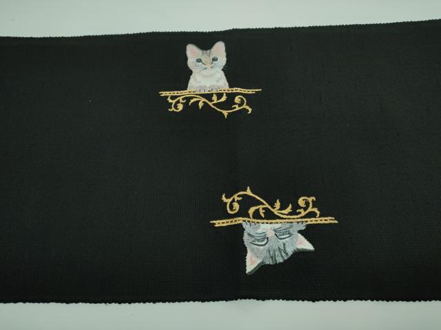 平和屋本店●極上 八寸名古屋帯 手刺繍 総刺繍 猫 黒地 逸品 DZAA5473kh5