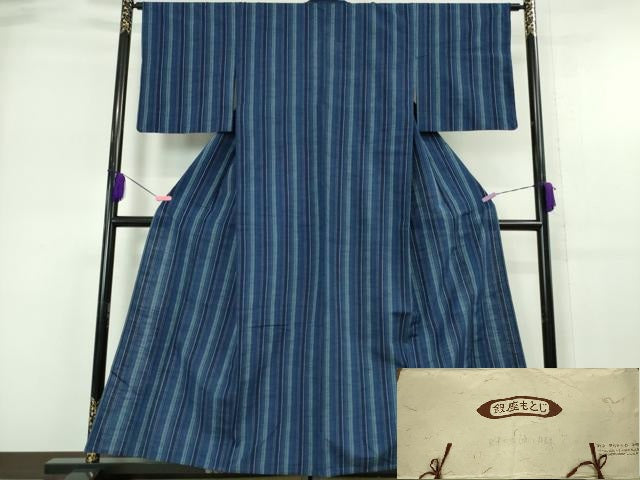 平和屋本店■極上 銀座もとじ 会津木綿 単衣 縞 たとう紙付き 逸品 DZAA5537kh5