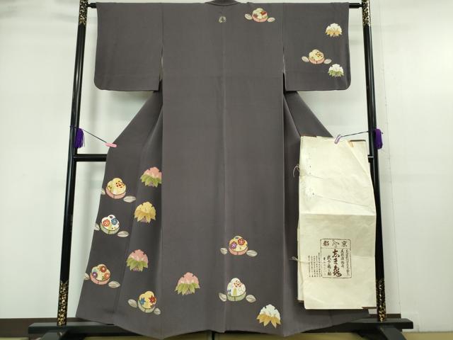 平和屋本店■極上 銀座 志ま亀 訪問着 椿 笹 藤煤竹色地 金彩 鬼しぼ縮緬 たとう紙付き 逸品 DZAA5539kh5
