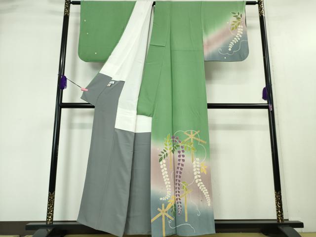 平和屋本店●極上 人形作家・ホリヒロシ 訪問着 藤花房 薄緑色地 暈し染め 鬼しぼ縮緬 逸品 DZAA5543kh5