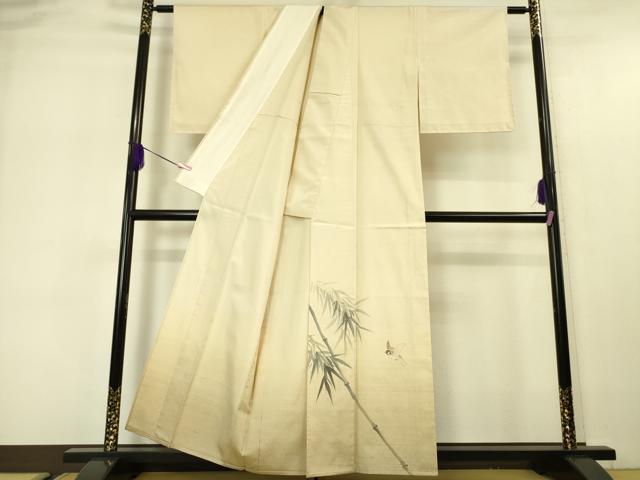 平和屋本店▽極上 伝統工芸士 曽根武勇 訪問着 紬地 単衣 笹竹に雀 手描き 暈し染め 金通し地 逸品 未使用 DZAA5553kh5