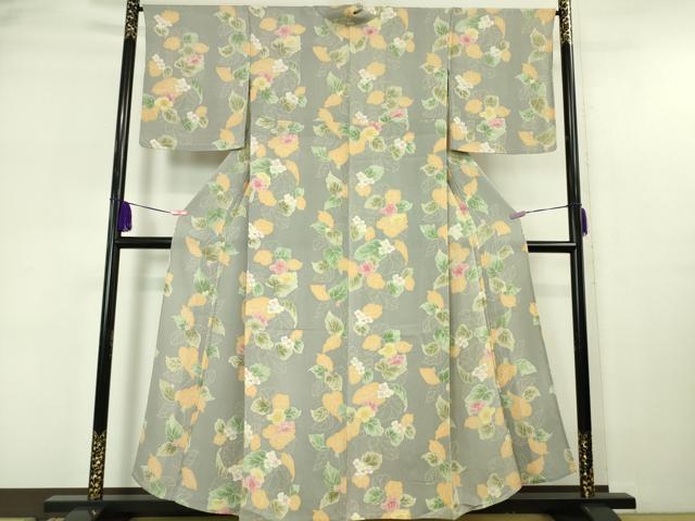 平和屋本店▽極上 小紋 単衣 草花文 錫色地 鬼しぼ縮緬 逸品 DZAA5566kh5