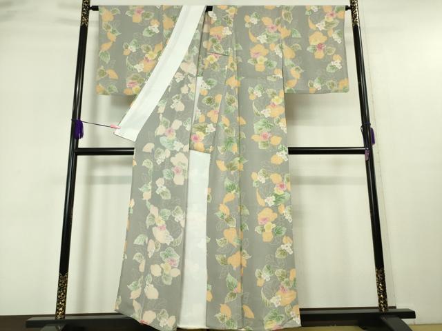 平和屋本店▽極上 小紋 単衣 草花文 錫色地 鬼しぼ縮緬 逸品 DZAA5566kh5