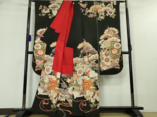 平和屋本店■極上 アンティーク 大正ロマン 振袖 駒刺繍 御所車吉祥花文 黒地 金彩 逸品 DZAA5587kh5