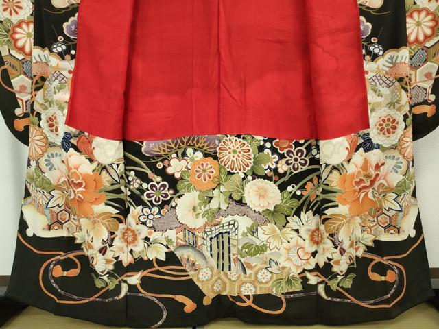 平和屋本店■極上 アンティーク 大正ロマン 振袖 駒刺繍 御所車吉祥花文 黒地 金彩 逸品 DZAA5587kh5