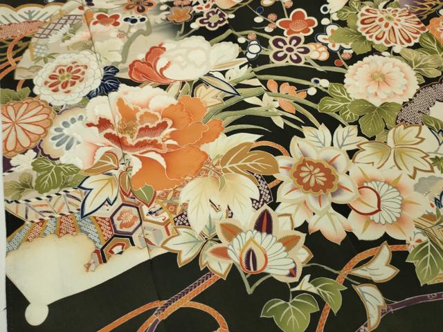 平和屋本店■極上 アンティーク 大正ロマン 振袖 駒刺繍 御所車吉祥花文 黒地 金彩 逸品 DZAA5587kh5