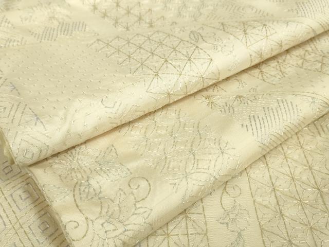 平和屋本店■極上 紬 総刺し子刺繍 名物裂草花文 練色地 逸品 未使用 DZAA5606kh5