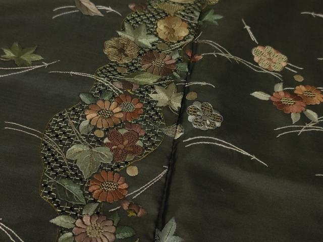 平和屋着物●極上 中国三大刺繍 スワトウ刺繍 汕頭刺繍 相良刺繍 本場大島紬 訪問着 総刺繍 吹寄せ花文 黒地 逸品 DZAA5607kh6
