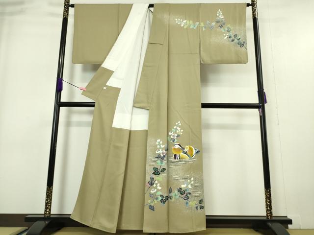 平和屋本店■極上 人間国宝・羽田登喜男 訪問着 鴛鴦花文 たたき染め 黄海松茶色地 逸品 DZAA5617kh5