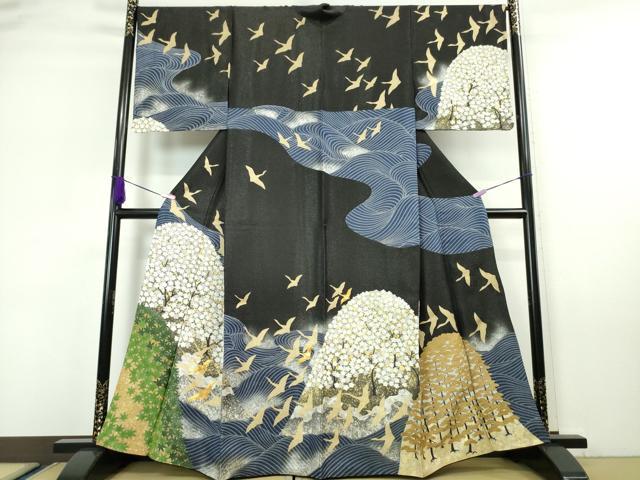 平和屋本店■極上 訪問着 駒刺繍 立波飛鶴文 黒地 金銀彩 銀通し地 逸品 DZAA5749kh5