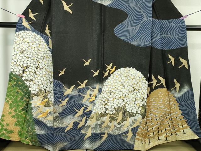 平和屋本店■極上 訪問着 駒刺繍 立波飛鶴文 黒地 金銀彩 銀通し地 逸品 DZAA5749kh5