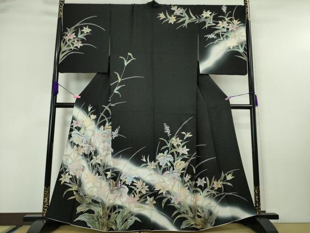 平和屋本店■極上 訪問着 草花文 暈し染め 黒地 金銀彩 銀通し地 逸品 DZAA5760kh5