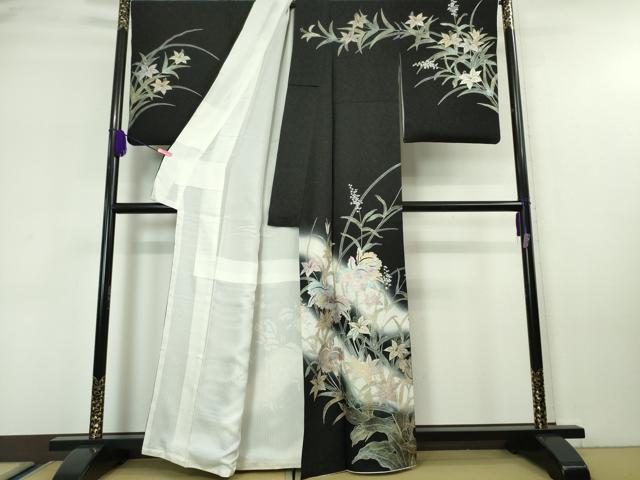 平和屋本店■極上 訪問着 草花文 暈し染め 黒地 金銀彩 銀通し地 逸品 DZAA5760kh5