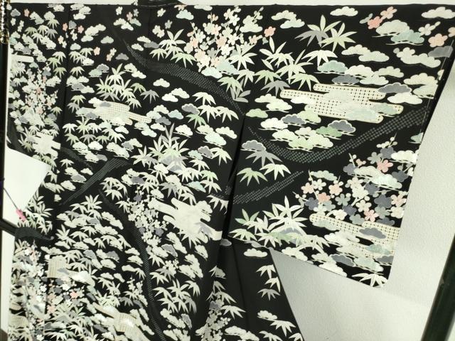 平和屋本店■極上 中国三大刺繍 スワトウ刺繍 汕頭刺繍 訪問着 松竹梅 黒地 金糸 反端付き 逸品 未使用 DZAA5779kh5