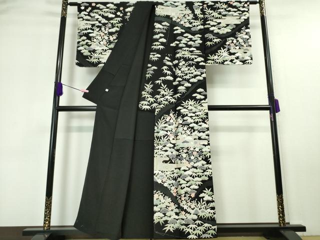 平和屋本店■極上 中国三大刺繍 スワトウ刺繍 汕頭刺繍 訪問着 松竹梅 黒地 金糸 反端付き 逸品 未使用 DZAA5779kh5