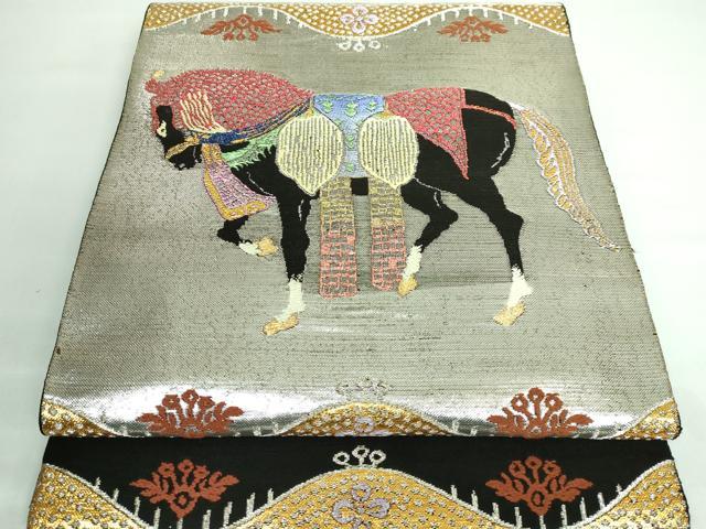 平和屋本店■最高級 龍村平蔵製 太鼓柄 本袋帯 天竺祭馬錦 黒地 金銀糸 逸品 DZAA5892kh5