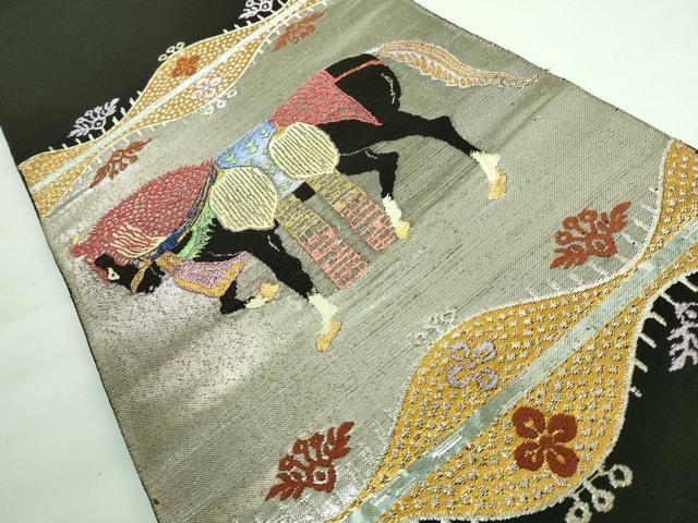 平和屋本店■最高級 龍村平蔵製 太鼓柄 本袋帯 天竺祭馬錦 黒地 金銀糸 逸品 DZAA5892kh5