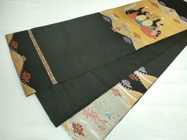 平和屋本店■最高級 龍村平蔵製 太鼓柄 本袋帯 天竺祭馬錦 黒地 金銀糸 逸品 DZAA5892kh5