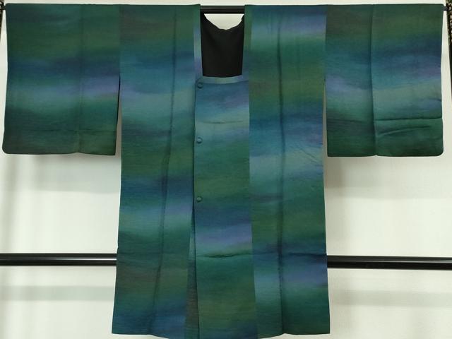 平和屋本店■極上 道行コート ロング丈 リバーシブル 暈し染め 青緑×黒地 逸品 DZAA5929kh5