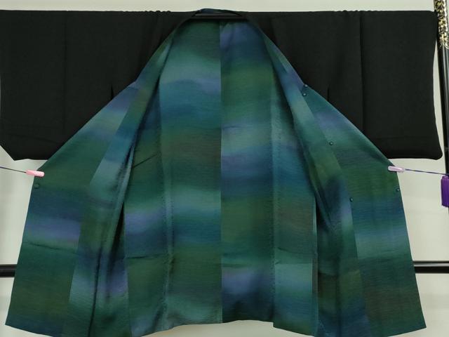 平和屋本店■極上 道行コート ロング丈 リバーシブル 暈し染め 青緑×黒地 逸品 DZAA5929kh5
