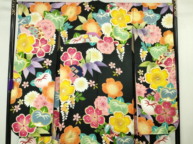 平和屋本店●極上 紫野美術工芸 振袖 吉祥花文 黒地 金彩 逸品 DZAA5945kh5