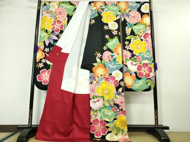 平和屋本店●極上 紫野美術工芸 振袖 吉祥花文 黒地 金彩 逸品 DZAA5945kh5