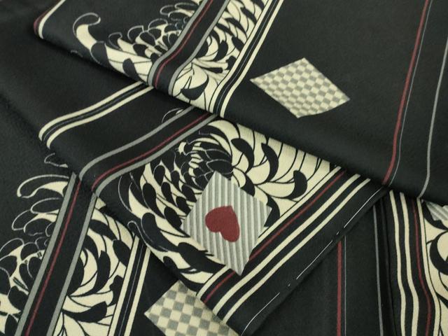 平和屋本店▽極上 小紋 単衣 乱菊 トランプ 黒地 洗える着物 逸品 未使用 DZAA5952kh5