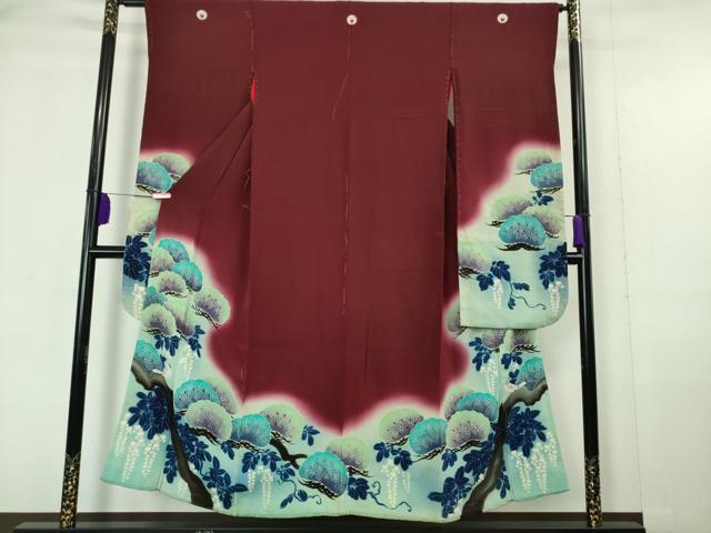 平和屋本店□極上 アンティーク 大正ロマン 振袖 刺繍 手描き 松藤に  