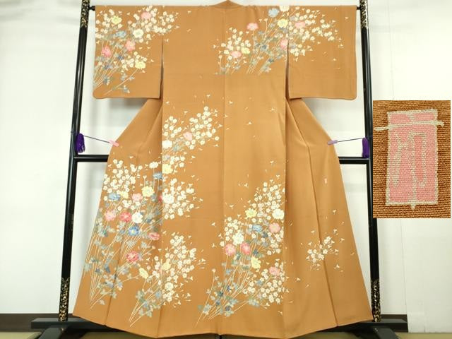 平和屋本店■極上 本加賀友禅作家 柿本市郎 訪問着 四季花文 赤朽葉色地 逸品 DZAA5982kh5