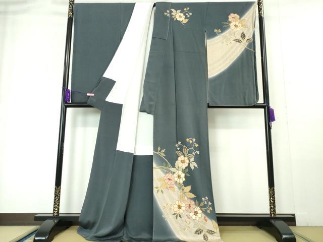 平和屋本店■極上 振袖 草花文 鉄御納戸色地 鬼しぼ縮緬 金彩 逸品 未使用 DZAA5989kh5