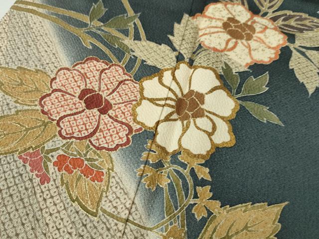 平和屋本店■極上 振袖 草花文 鉄御納戸色地 鬼しぼ縮緬 金彩 逸品 未使用 DZAA5989kh5