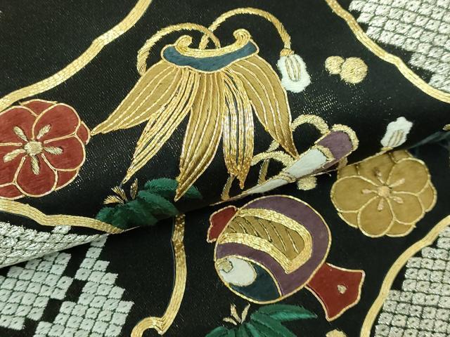 平和屋本店■極上 六通柄袋帯 駒刺繍 総刺繍 雪輪宝尽くし 黒地 金糸 逸品 DZAA6065kh5