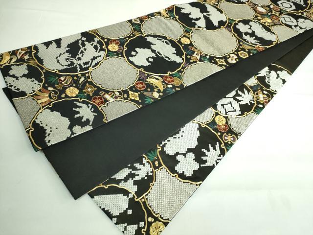 平和屋本店■極上 六通柄袋帯 駒刺繍 総刺繍 雪輪宝尽くし 黒地 金糸 逸品 DZAA6065kh5