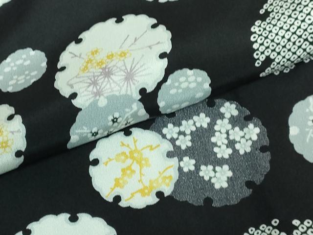 平和屋本店■上質な長襦袢 無双仕立て 雪輪花文 黒地 逸品 未使用 DZAA6108kh5